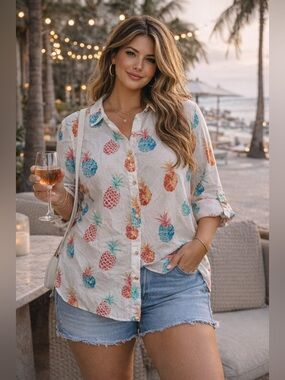 Chico’s Pineapple Print Button Down Shirt Womens 2 No Iron Tropical Resort L/XL